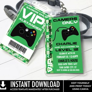 Video Gamer VIP I.D. Badge Invitation- 2-Sided Badge, Party Favor, Game Truck Invite | Edit with CANVA - INSTANT Download Printable