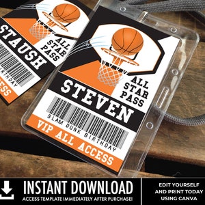 Basketball All Star ID Badge Basketball Party, Basketball VIP All Access Pass You Personalize using CANVAInstant Download Printable image 1