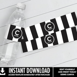 Couture Bridal Baby Shower Water Bottle Label/Wrapper, Black & White Stripe Shower Favor, Wedding Favor Edit using CANVAINSTANT DOWNLOAD image 1