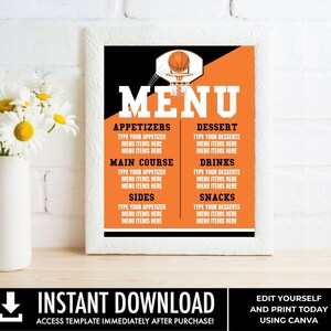 Enseigne de menu Basketball Party 11 x 14 cm, Anniversaire de basket-ball, affiche de menu Sports | Édition à l'aide de CANVA - TÉLÉCHARGEMENT IMMÉDIAT