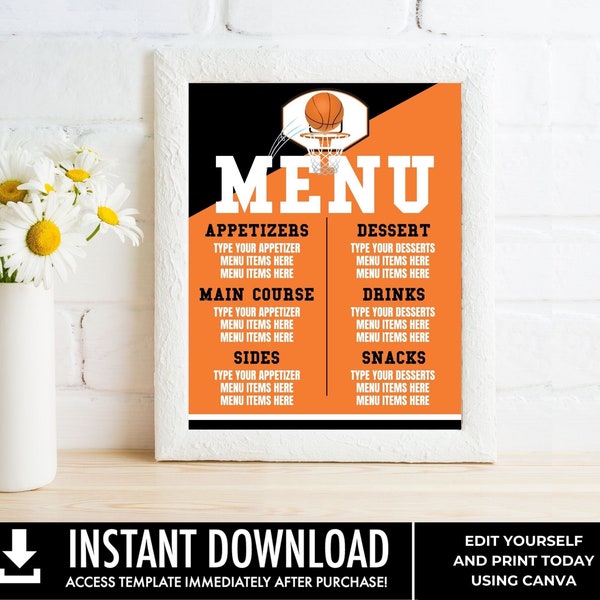 Basketball Party 11x14 Menu Sign, Basketball Birthday, Sports Menu Poster | Edit using CANVA - INSTANT DOWNLOAD Printable