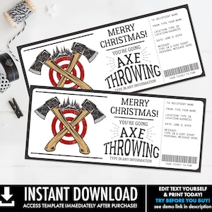 Axtwerfen Geburtstagsgeschenk, Weihnachtsgeschenkgutschein, Holzfäller, Überraschungsgutschein | Selbst-editieren Sie mit CORJL-INSTANT DOWNLOAD Printable