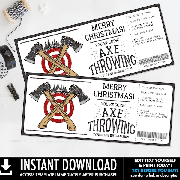 Axe Throwing Birthday Gift, Christmas Gift Certificate, Lumberjack, Surprise Gift Voucher | Self-Edit with CORJL-INSTANT DOWNLOAD Printable