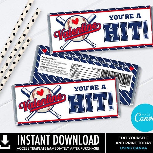 Valentine Baseball Candy Bar Label/Wrapper, Baseball Valentine,Valentine Party | Edit with CANVA - INSTANT DOWNLOAD Printable Template