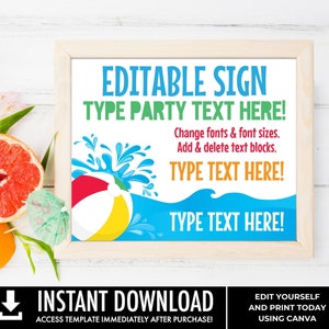 Pool Party Sign - 10x8 Sign Summer Party, Beach Party, Personalized Sign | Edit with CANVA - INSTANT DOWNLOAD Printable