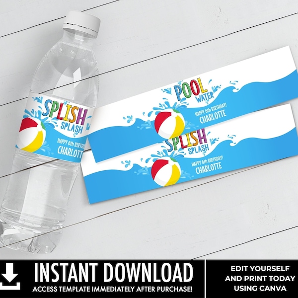 Pool Party Water Bottle Wrappers - Water Bottle Labels, Birthday Party Favors, Summer | Edit using CANVA - INSTANT DOWNLOAD Printable
