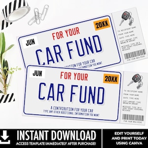 Autofonds verrassingscadeaubon, kentekenbon, cadeau-onthulling, cadeaubon | Je personaliseert met CANVA–INSTANT DOWNLOAD afdrukbaar