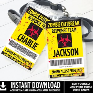 Zombie Hunter VIP I.D. Badge - Zombie Party, Halloween | Edit with CANVA - INSTANT Download Printable Template