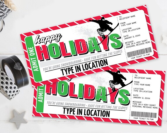 Happy Holidays Snowboarding Trip Ticket Gift Voucher,Snowboard holiday Vacation,Ski Trip | Self-Edit with CORJL - INSTANT DOWNLOAD Printable