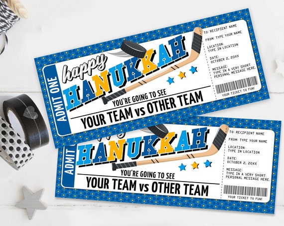 Hockey Ticket Voucher Hanukkah Gift - Surprise Game Ticket, Gift Voucher, Happy Hanukkah | Self-Edit with CORJL - INSTANT DOWNLOAD Printable