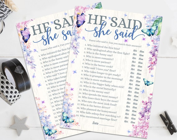 He Said She Said Bridal Shower Game, Butterfly Bridal Shower Game, Butterfly & Flowers | Self-Edit with CORJL - INSTANT Instant Printable