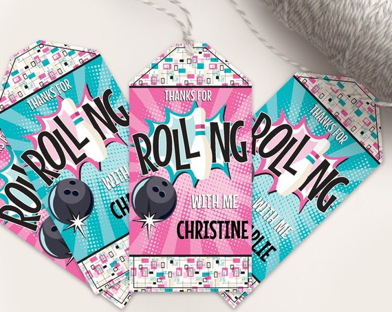 Bowling Party Favor Tag - Pink & Turquoise, Bowling Birthday, Retro Bowling | Self-Edit with CORJL - INSTANT DOWNLOAD Printable Template