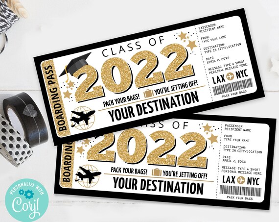 Graduation Boarding Pass Editable Template - Fake Plane Ticket,Trip Gift,Fake Ticket | Edit with CORJL - INSTANT DOWNLOAD Printable