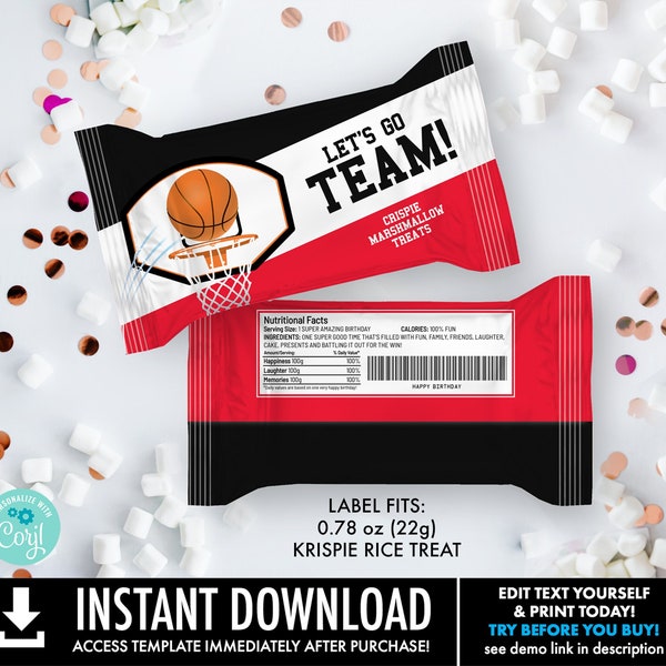 Basketball Krispie Rice Treat Wrap, Krispie Rice Treat Label, Basketball Party Favor | Edit with CORJL–INSTANT Download Printable Template