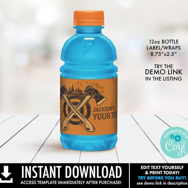 Axe Throwing Sports Drink Labels/Wraps–Bad Axe Birthday, Bad Axe Party | You Personalize using CORJL–INSTANT DOWNLOAD Printable
