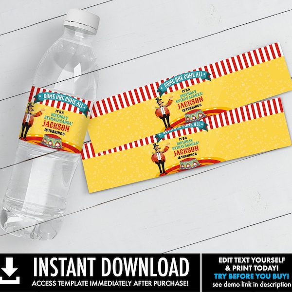 Carnival Circus Water Bottle Label, Carnival Party, Circus Party, Drink Label | Edit using CORJL - INSTANT Download Printable Template