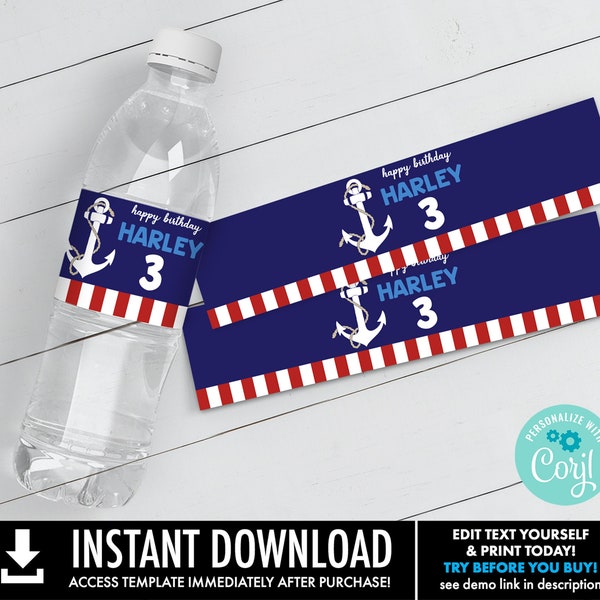 Nautical Water Bottle Label,Nautical Party,1st Birthday,Sailor Party,Nautical Birthday | Personalize using CORJL–INSTANT DOWNLOAD Printable