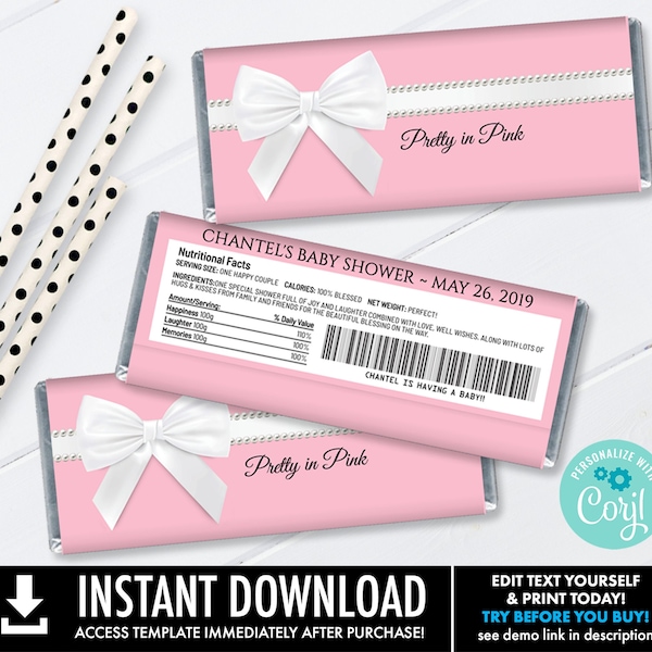 Baby Shower Pretty in Pink Candy Bar Label/Wrapper,Baby Shower Favor,Shower Favor | You Personalize using CORJL - INSTANT DOWNLOAD Printable