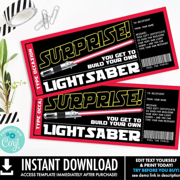 Light Sword Surprise Gift Reveal, Build Your Own Light Sword, Gift Certificate, Surprise Gift | Edit with CORJL-INSTANT DOWNLOAD Printable