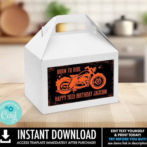 Motorcycle Gable Box Favor Labels, Motorcycle Born to Ride Box Labels, Motorcycle Birthday | Edit using CORJL–INSTANT DOWNLOAD Printable