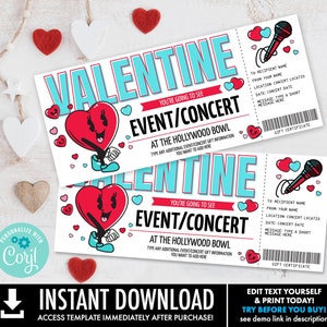 Valentinstag Konzertkarte Geschenkgutschein, Show, Aufführung, Künstler, Geschenk Reveal | Personalisieren mit CORJL-INSTANT DOWNLOAD Printable