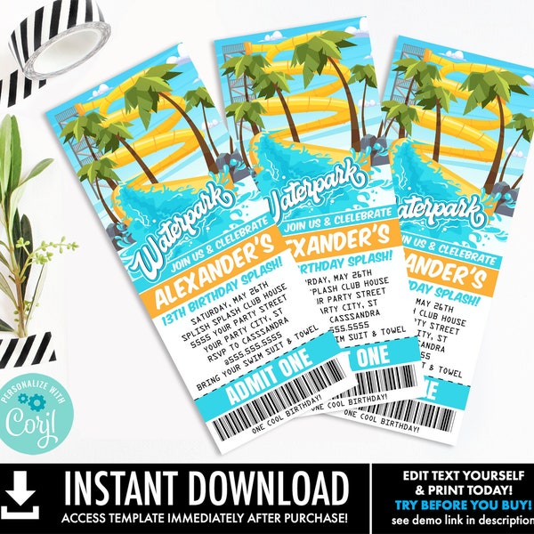 Waterpark Party Ticket Einladung - Waterslide Ticket Invite, Pool Party | Sie personalisieren mit CORJL-INSTANT DOWNLOAD Printable Template