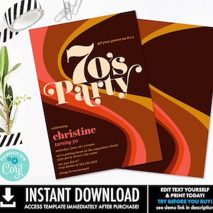 Editable 70s Get Your Groove On Invite, Retro 70's Let's Get Groovy, Hippie Birthday| You Personalize using CORJL-INSTANT DOWNLOAD Printable