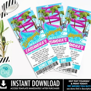 Waterpark Party Ticket Invitation - Waterslide Ticket Invite, Pool Party | You Personalize using CORJL-INSTANT DOWNLOAD Printable Template