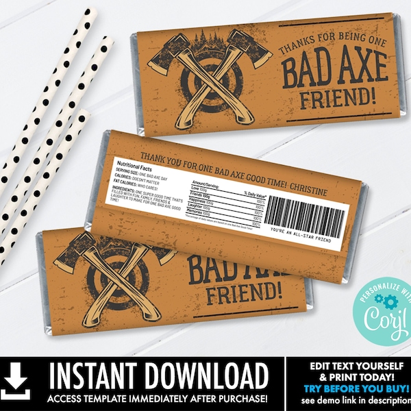 Axe Throwing Candy Label, Bad Axe Candy Wrap, Party Favor, Shower Favor | You Personalize using CORJL–INSTANT DOWNLOAD Printable