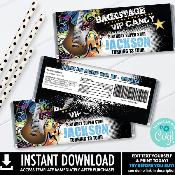 Rock Star Candy Wrap/Label, RockStar Party, Rock'n Party Candy Bar Label | Self-Editing with CORJL - INSTANT Download Printable