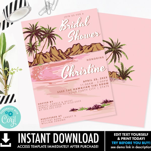 Editable Retro Hawaiian Luau Bridal Shower Invite, Retro Bridal Shower Invite | You Personalize using CORJL-INSTANT DOWNLOAD Printable