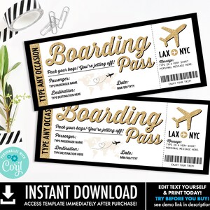 Boarding Pass Template - Surprise Fake Airline Ticket,Airplane Flight Destination | Personalize using CORJL - INSTANT DOWNLOAD Printable
