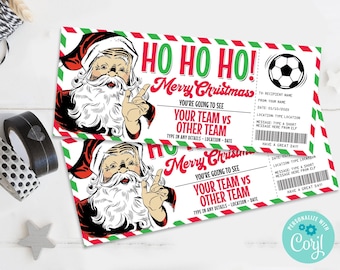 Christmas Soccer Ticket Gift Certificate, Soccer Game Ticket Gift Voucher,RetroSanta | Self-Edit with CORJL-INSTANT DOWNLOAD Printable
