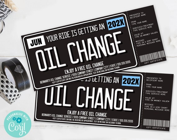 Oil Change Gift Certificate, License Plate Surprise Gift Voucher | Self-Edit with CORJL - INSTANT DOWNLOAD Printable Template