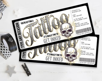 Tattoo Gift Certificate - Skull Design - Get Inked Gift Card Voucher | Self-Edit with CORJL - INSTANT DOWNLOAD Printable