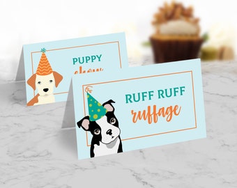 May include: Two printable place cards for a dog-themed party. The top card features a brown and white puppy wearing a party hat and the text "Puppy Chow". The bottom card features a black and white Boston Terrier wearing a party hat and the text "Ruff Ruff Ruffage".