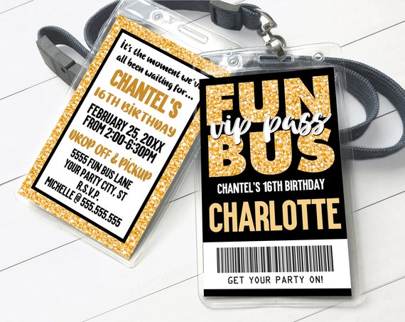 Fun Bus VIP I.D. Badge Invitation - Party Bus Invite, Party Favor,Teen Badge,Tween Badge | Self-Edit with CORJL - Instant Download Printable