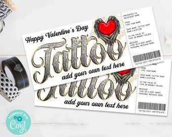 Valentine Tattoo Gift Certificate - Heart Wings Design - Get Inked Gift Card Voucher | Self-Edit with CORJL - INSTANT DOWNLOAD Printable