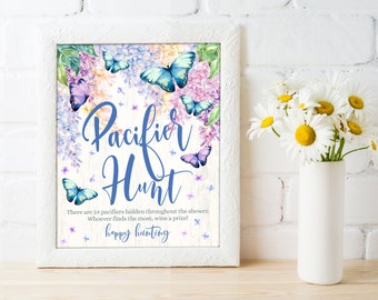 Pacifier Hunt 8x10 Baby Shower Game Sign - Butterflies & Flowers, Spring Garden | Self-Edit with CORJL - INSTANT DOWNLOAD Printable
