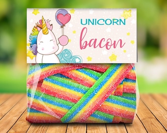 Unicorn Bacon Treat Bag Topper -Unicorn Birthday, Rainbow Birthday, Magical Party | Self-Editing with CORJL - INSTANT DOWNLOAD Printable