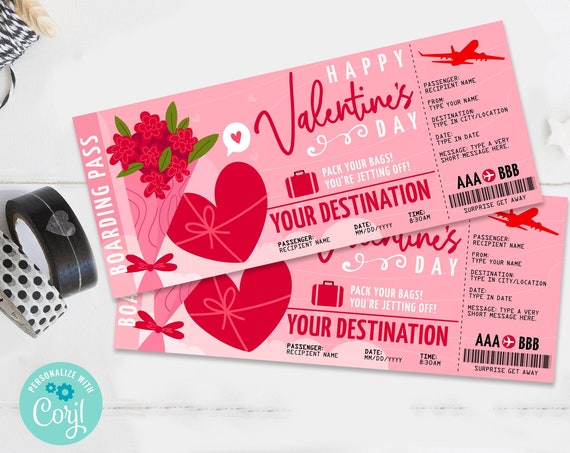 Valentine Boarding Pass - Surprise Ticket,Gift Certificate,Surprise Trip,Fake Ticket | Self-Edit with CORJL - INSTANT DOWNLOAD Printable