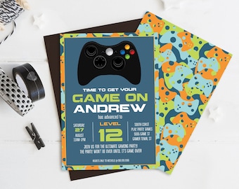 Video Game Birthday Party Invitation - Gamer Party Invite, Game Truck,Blue Camo | Self-Edit with CORJL - INSTANT DOWNLOAD Printable Template