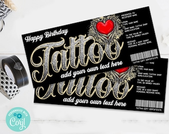 Tattoo Gift Certificate - Heart Design - Get Inked Gift Card Voucher, Birthday Tattoo | Self-Edit with CORJL - INSTANT DOWNLOAD Printable