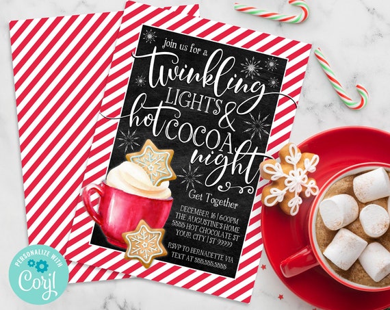 Twinkling Lights & Hot Cocoa Christmas Party Invitation, Holiday Party Invitation | Self-Edit with CORJL - INSTANT DOWNLOAD Printable