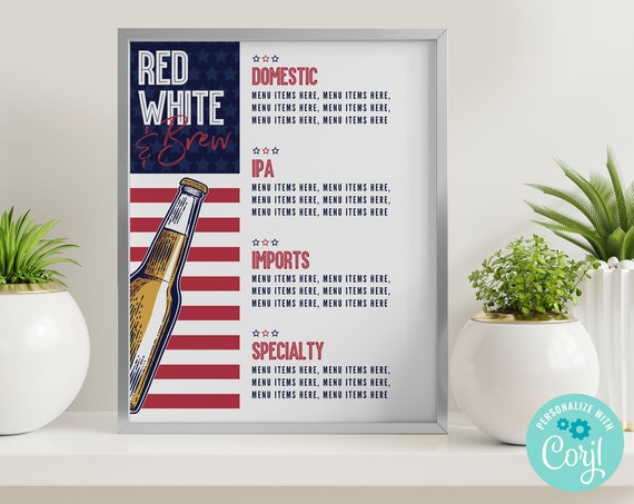 Red White & Brew 8x10 Menu, 4th Of July Sign, Drink Sign, Beer Menu Sign | Self-Edit with CORJL - INSTANT Download Printable Template