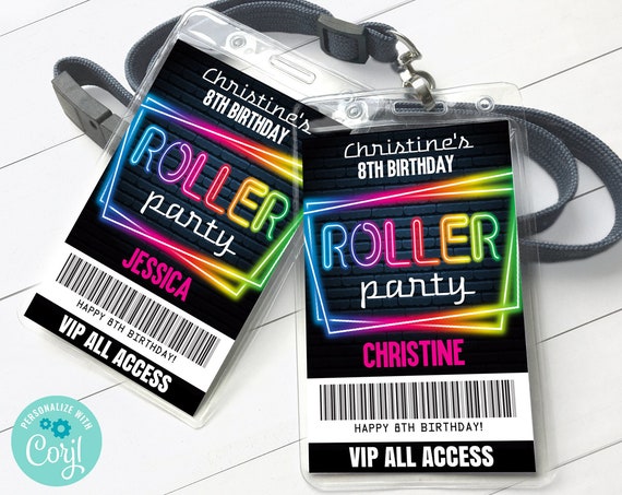 Roller Skate Glow Party VIP Badge, Skate Party,Skate Glow Party All Access Pass | Self-Edit with CORJL - INSTANT Download Printable Template
