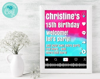 Social Media Party Sign - 5"x7" Party Sign,Birthday, Video Party, Dance Party | Self-Edit with CORJL - INSTANT DOWNLOAD Printable Template