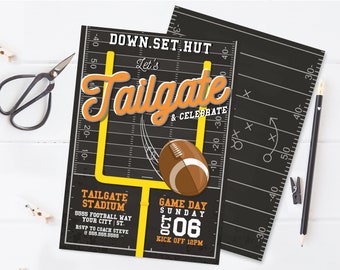 May include: Football-themed invitation with a black background, featuring a football, goalpost, and the words "Let's Tailgate & Celebrate." Includes event details like date, time, and stadium address. The design has a vintage aesthetic with a downloadable template.