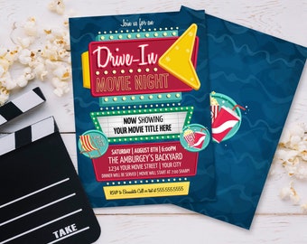 Drive-In Movie Night Invitation - Backyard Movie Night, Outdoor Movie, Retro Movie Night | Self-Edit with CORJL - INSTANT DOWNLOAD Printable
