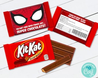 Spiderman Kit Kat Bar Wrap/Label,Superhero Birthday Party favor,Kit Kat Candy Bar Label | Self-Edit with CORJL - INSTANT DOWNLOAD Printable